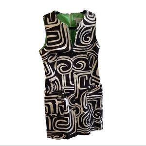 Abstract print sleeveless sheath dress.